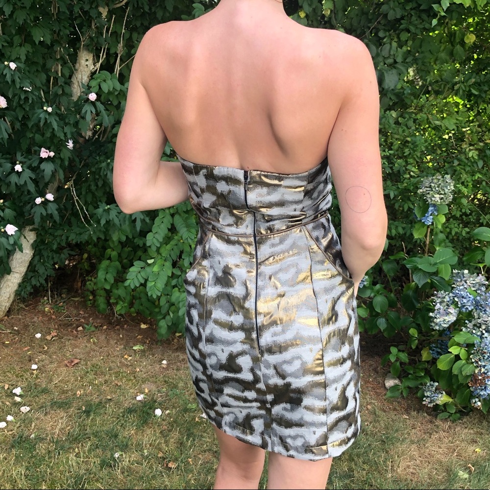Greylin XS Cocktail dress grey gold accents with pockets. Strapless mini